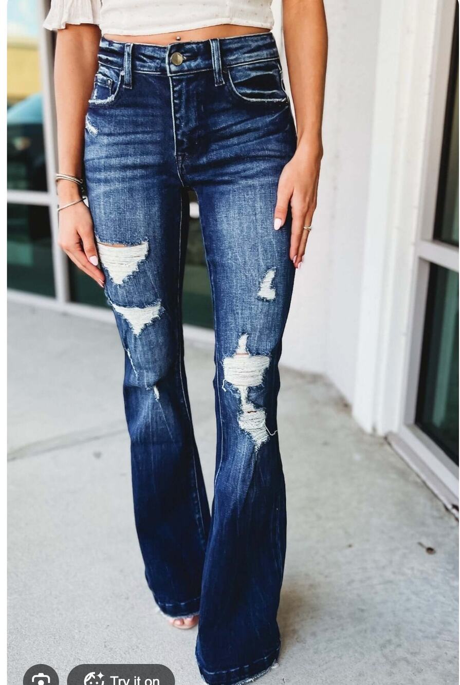 Petra153 mid rise dark boho distressed flare jeans size 24x33.5